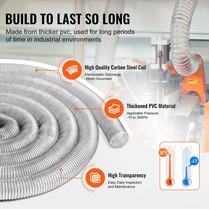 VEVOR 4'' x 50' Dust Collection Hose Thickened PVC Flexible Clear Hose
