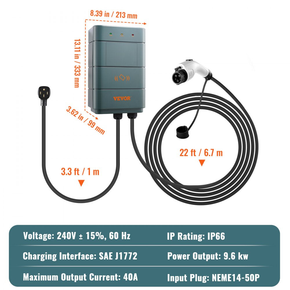 VEVOR Level 2 Electric Vehicle Charging Station, 0-40A Adjustable, 9.6 kW 240V NEMA 1-50 Plug Smart EV Charger with WiFi, 22-Foot TPE Charging Cable for Indoor/Outdoor Use, ETL & Energy Star Certified