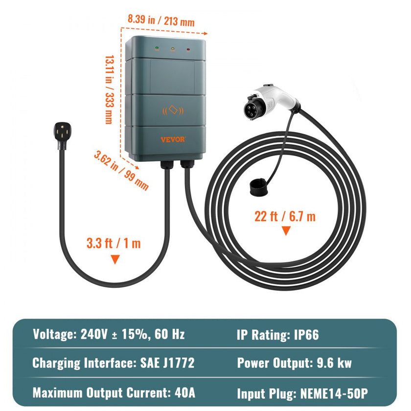VEVOR Level 2 Electric Vehicle Charging Station, 0-40A Adjustable, 9.6 kW 240V NEMA 1-50 Plug Smart EV Charger with WiFi, 22-Foot TPE Charging Cable for Indoor/Outdoor Use, ETL & Energy Star Certified