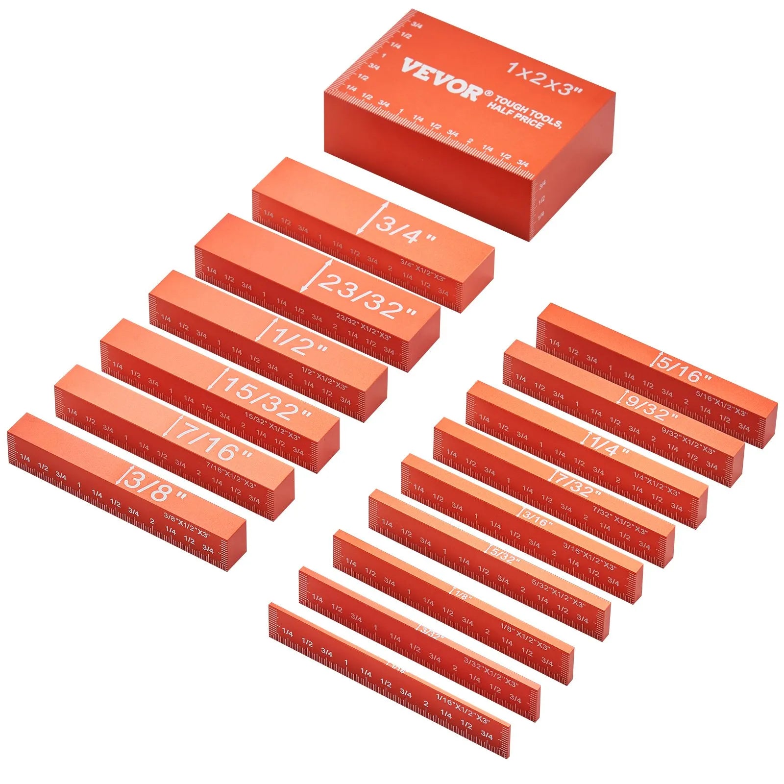 VEVOR Setup Blocks Woodworking Tools, 16-Piece, Precision Height Gauge Block Set, with Clearly Laser Engraved Size Markings and Storage Case, Aluminum Setup Bars for Router and Table Saw Accessories