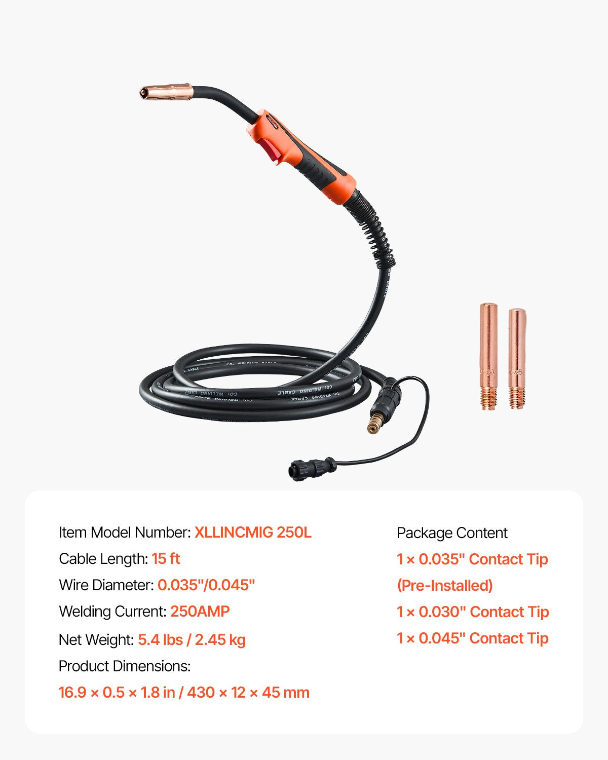 VEVOR 250Amp Mig Welding Gun with 15FT Cable for 0.035