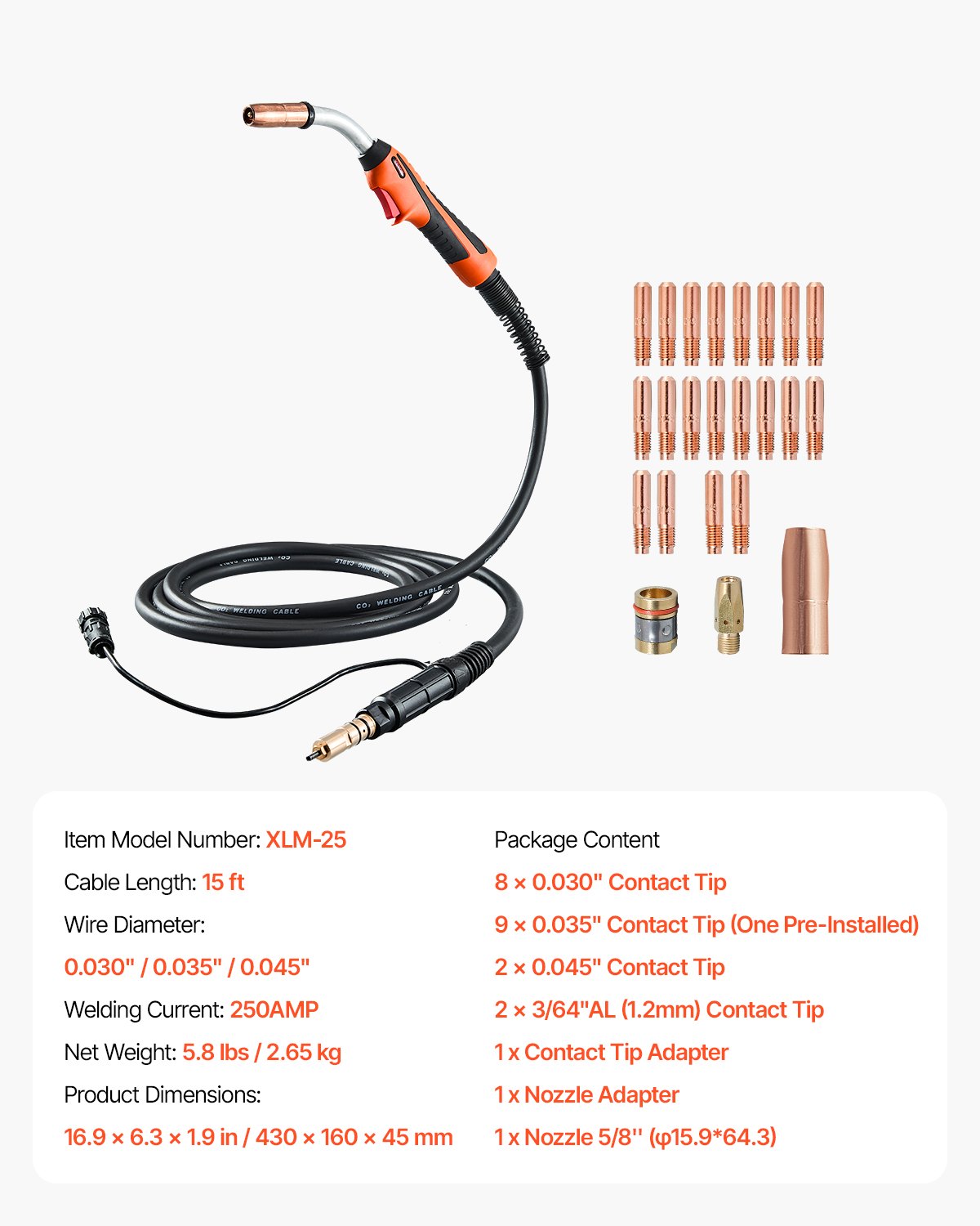 VEVOR 250Amp Mig Welding Gun with 15FT Cable for 0.030