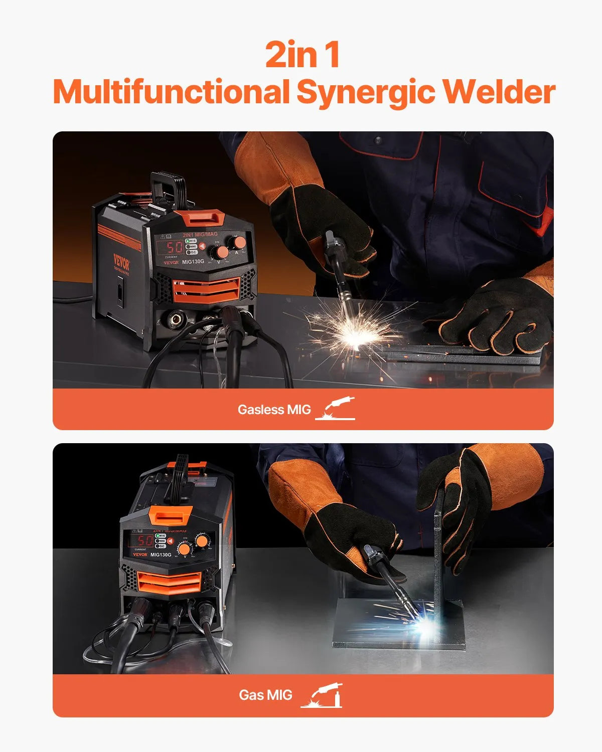 VEVOR MIG Welder 130A Welding Machine 2-in-1 Gas MIG/Gasless Flux Core Welder