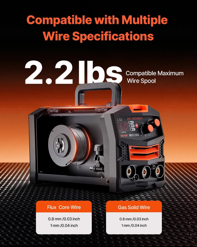 VEVOR MIG Welder 130A Welding Machine 2-in-1 Gas MIG/Gasless Flux Core Welder