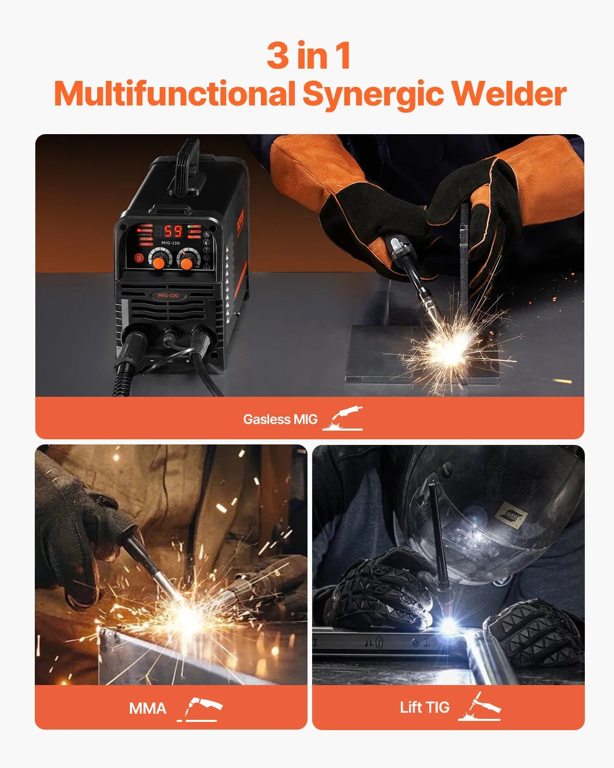 VEVOR MIG Welder 130Amp Mig Welding Machine 3-in-1 Flux Core MIG/Stick/Lift TIG