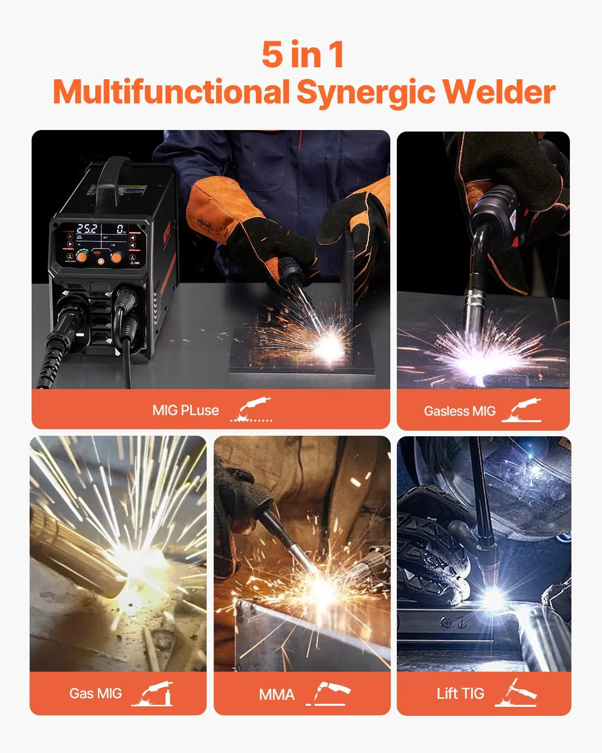 VEVOR MIG Welder 250A Pluse Mig Welding Machine 5-in-1 Synergic Welder Machine