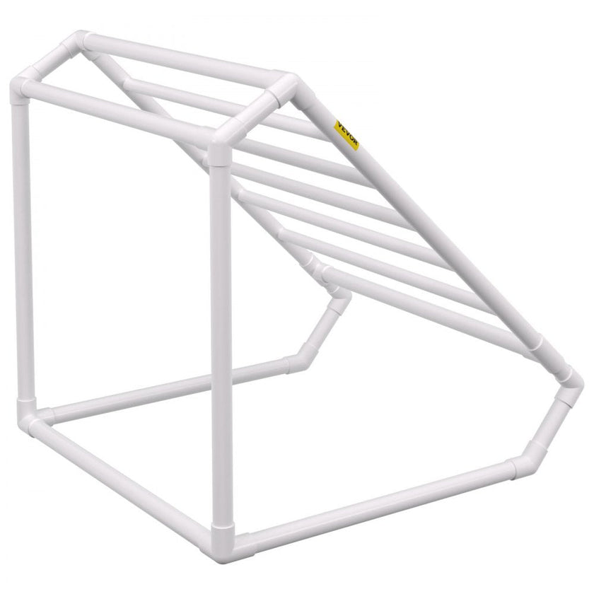 VEVOR Pool Towel Rack, 8 Bar, White, Freestanding Outdoor PVC Triangular Poolside Storage Organizer, Include 8 Towel Clips, Mesh Bag, Hook, Also Stores Floats and Paddles, for Beach, Swimming Pool