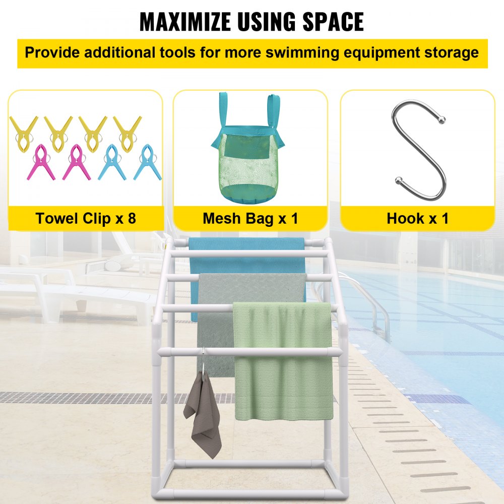 VEVOR Pool Towel Rack, 5 Bar, White, Freestanding Outdoor PVC Trapedozal Poolside Storage Organizer, Include 8 Towel Clips, Mesh Bag, Hook, Also Stores Floats and Paddles, for Beach, Swimming Pool