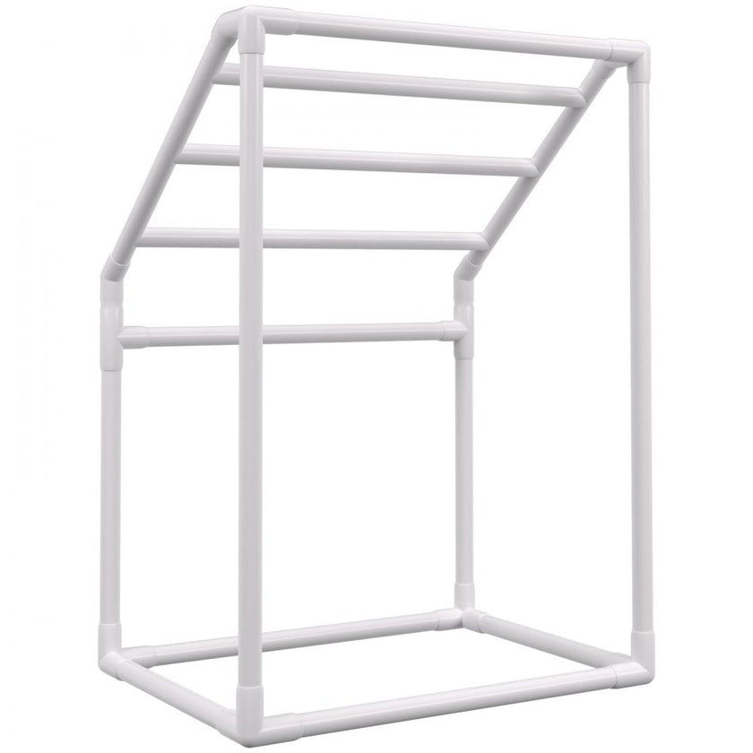 VEVOR Pool Towel Rack, 5 Bar, White, Freestanding Outdoor PVC Trapedozal Poolside Storage Organizer, Include 8 Towel Clips, Mesh Bag, Hook, Also Stores Floats and Paddles, for Beach, Swimming Pool