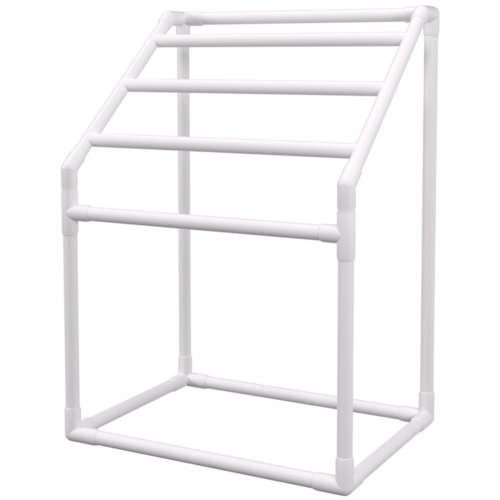 VEVOR Pool Towel Rack, 5 Bar, White, Freestanding Outdoor PVC Trapedozal Poolside Storage Organizer, Include 8 Towel Clips, Mesh Bag, Hook, Also Stores Floats and Paddles, for Beach, Swimming Pool