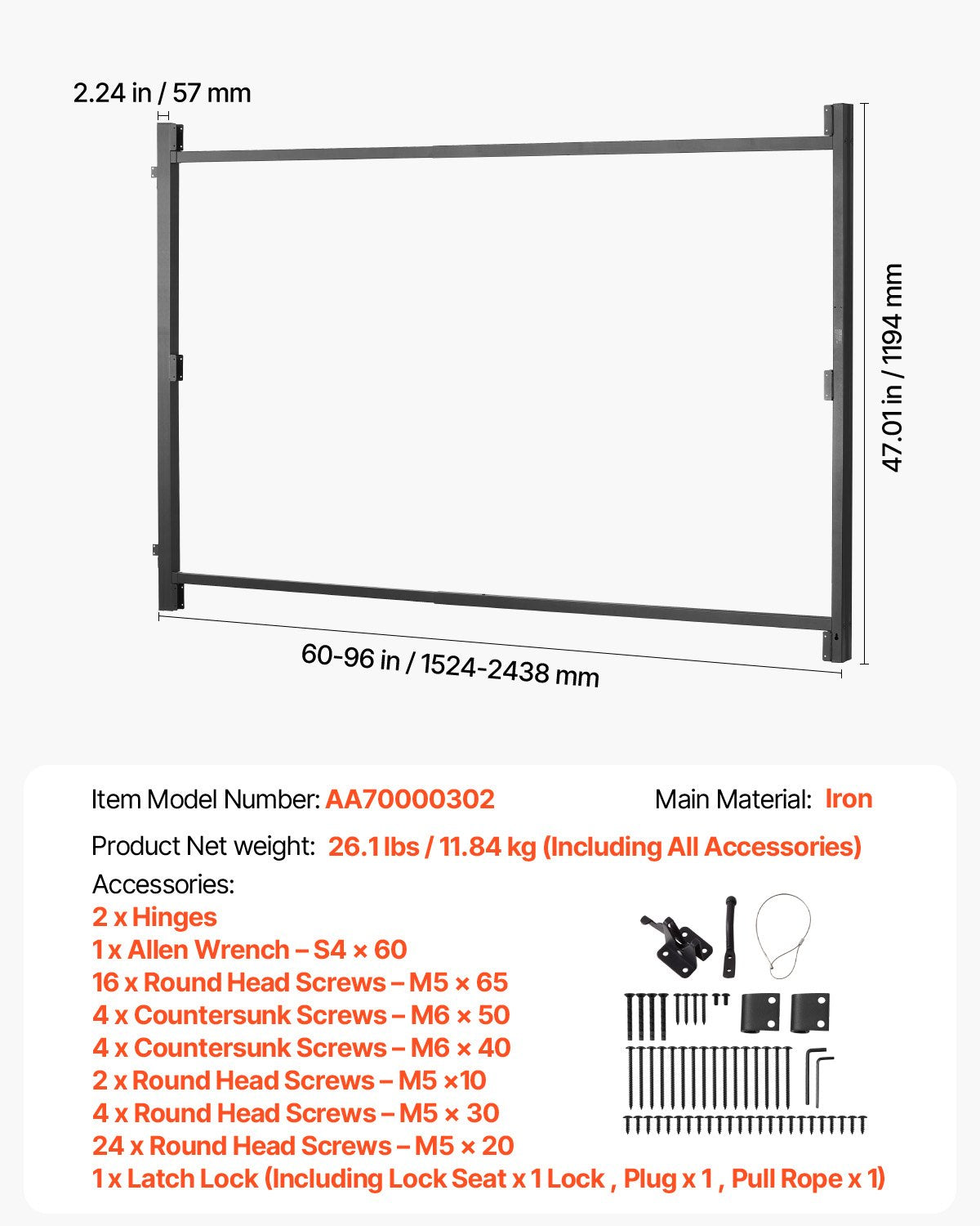 VEVOR Gate Building Kit Fits 60 to 96 in Wide Openings 4 to 5 ft High Fence