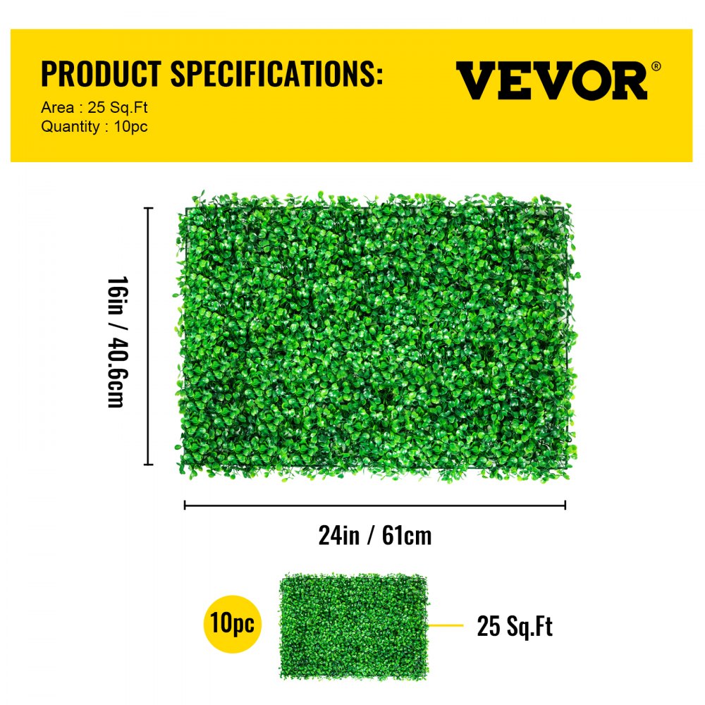 VEVOR Artificial Boxwood Panel UV 10pcs Boxwood Hedge Wall Panels Artificial Grass Backdrop Wall 24X16