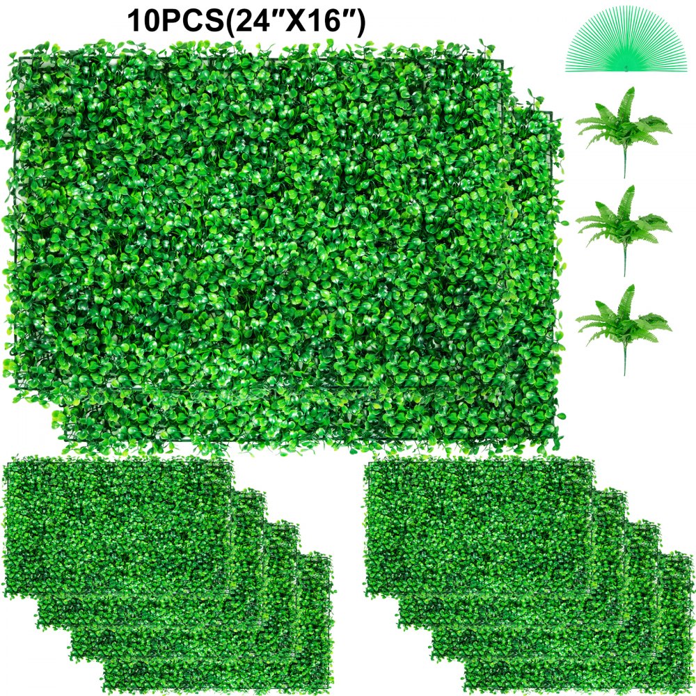 VEVOR Artificial Boxwood Panel UV 10pcs Boxwood Hedge Wall Panels Artificial Grass Backdrop Wall 24X16