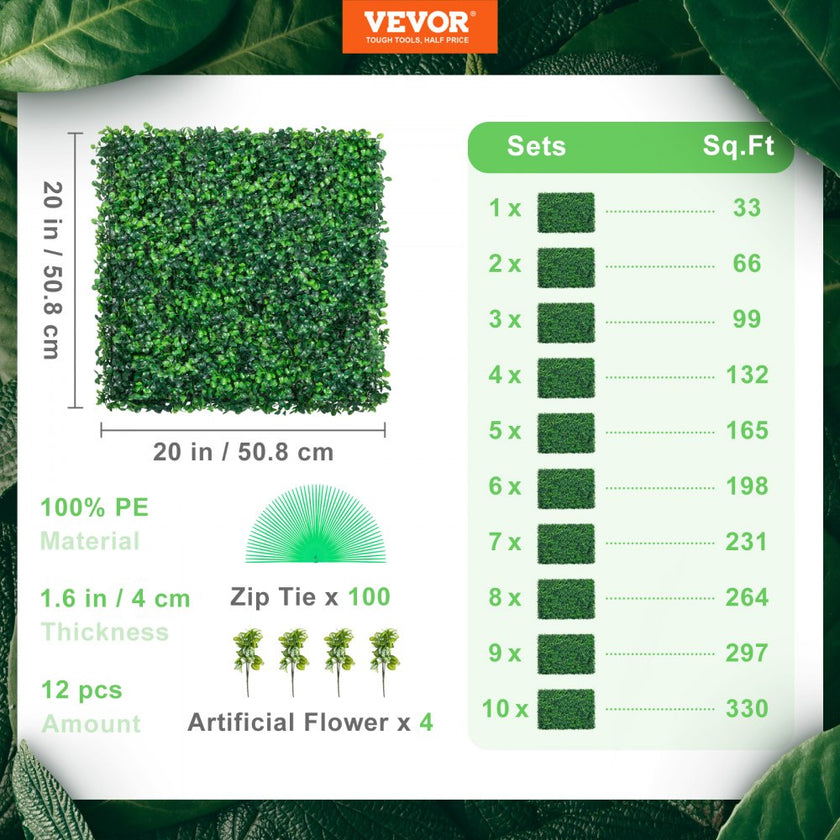 VEVOR Artificial Boxwood Panel UV 12pcs Boxwood Hedge Wall Panels Artificial Grass Backdrop Wall 20X20