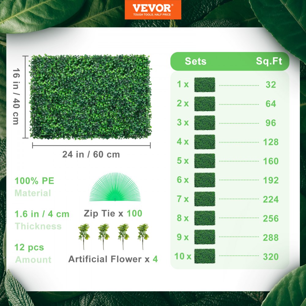 VEVOR 12pcs Artificial Boxwood Panel UV Boxwood Hedge Wall Panels Artificial Grass Backdrop Wall 24X16