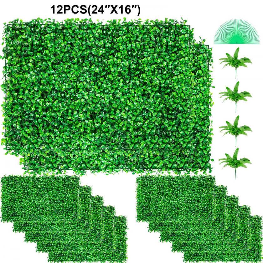 VEVOR 12pcs Artificial Boxwood Panel UV Boxwood Hedge Wall Panels Artificial Grass Backdrop Wall 24X16