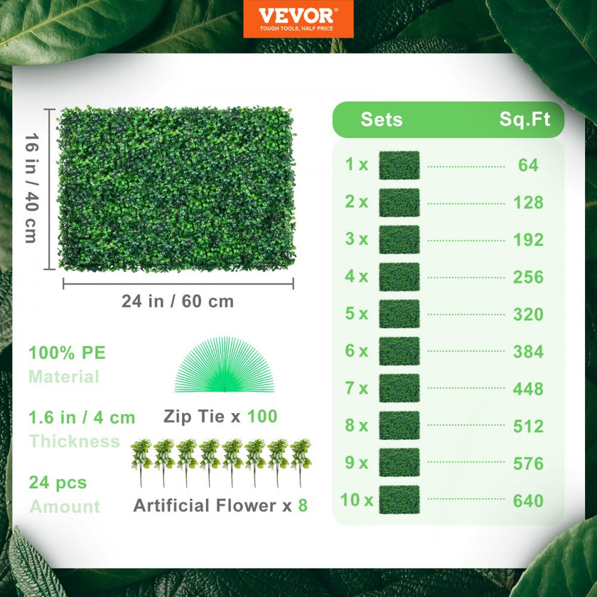 VEVOR Artificial Boxwood Panel UV 24pcs Boxwood Hedge Wall Panels Artificial Grass Backdrop Wall 24