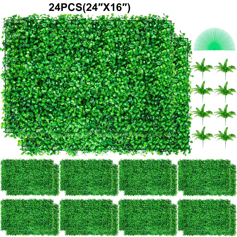 VEVOR Artificial Boxwood Panel UV 24pcs Boxwood Hedge Wall Panels Artificial Grass Backdrop Wall 24