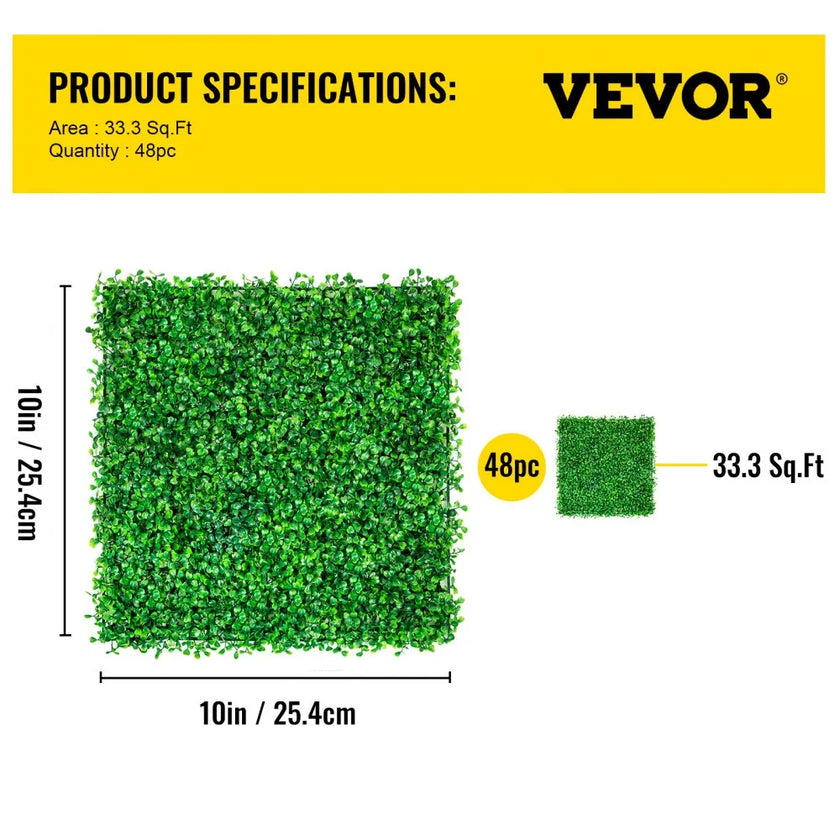 VEVOR Artificial Boxwood Panel UV 48pcs Boxwood Hedge Wall Panels Artificial Grass Backdrop Wall 10X10