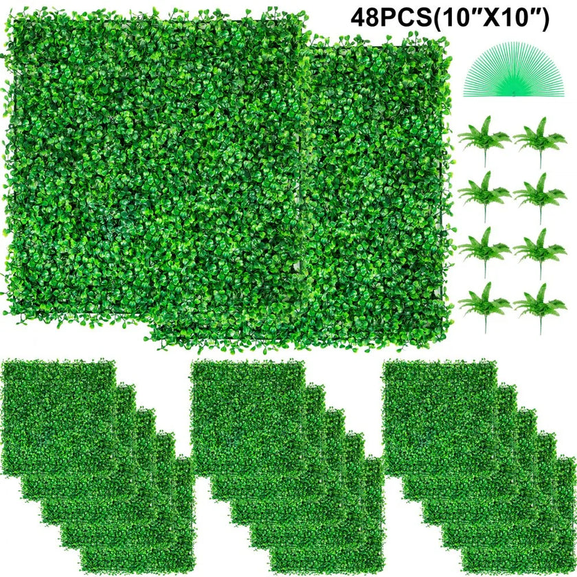 VEVOR Artificial Boxwood Panel UV 48pcs Boxwood Hedge Wall Panels Artificial Grass Backdrop Wall 10X10