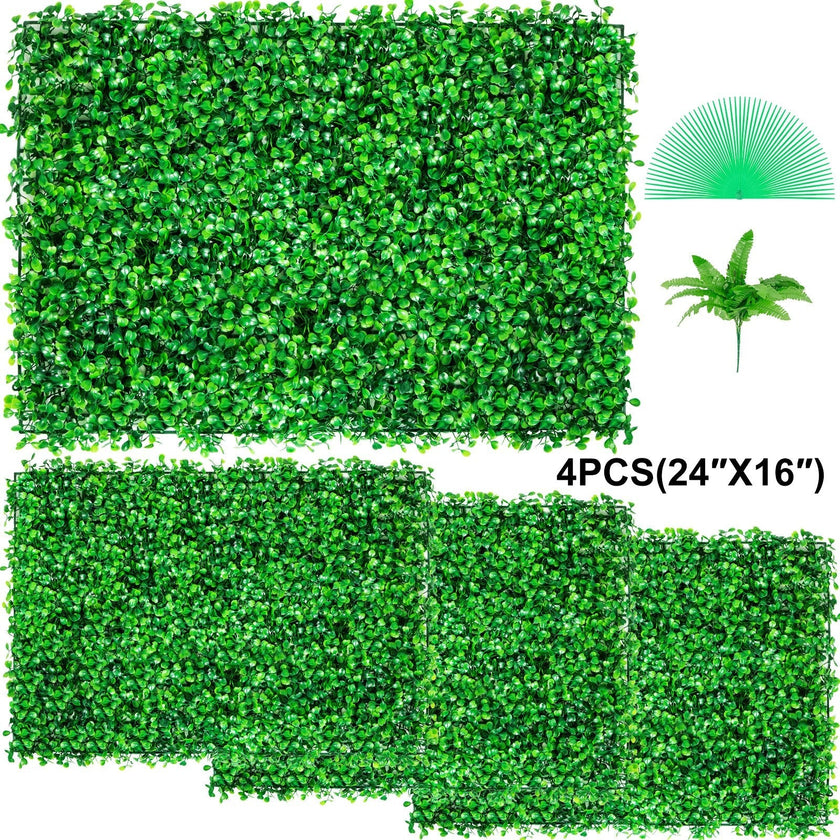 VEVOR Artificial Boxwood Panel UV 4pcs Boxwood Hedge Wall Panels Artificial Grass Backdrop Wall 24X16