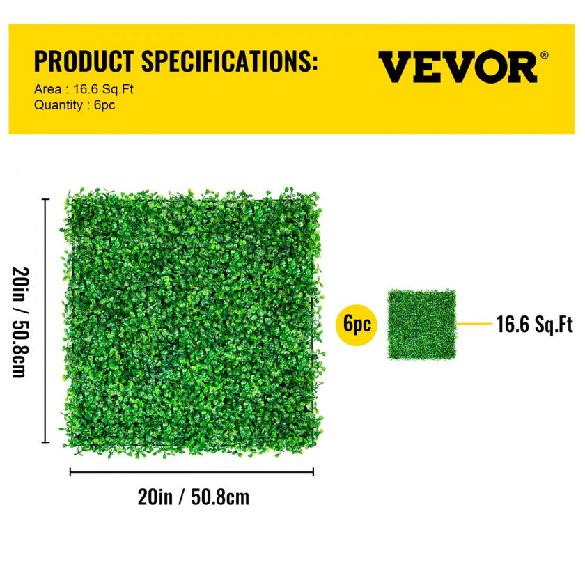 VEVOR Artificial Boxwood Panel UV 6pcs Boxwood Hedge Wall Panels, Artificial Grass Backdrop Wall 20