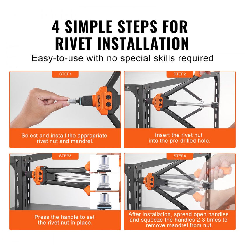 VEVOR Rivet Nut Tool, 16” Rivnut Tool Kit with 13PCS Metric and SAE Mandrels, 186PCS Rivet Nuts, M3, M4, 10-24, M5, M6, 1/4-20, 8-32, 5/16-18, M8, 3/8-16, M10, M12, 1/2-13, Semi-auto Retraction