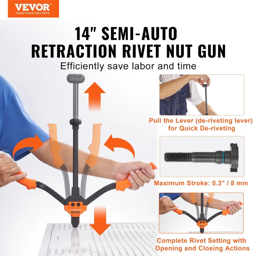 VEVOR Rivet Nut Tool, 14” Rivnut Tool Kit with 7 PCS Metric and SAE Mandrels, 70 PCS Assorted Rivet Nuts, 10-24, 1/4-20, M6, 5/16-18, M8, 3/8-16, M10, Rivet Nut Kit With Rugged Carrying Case