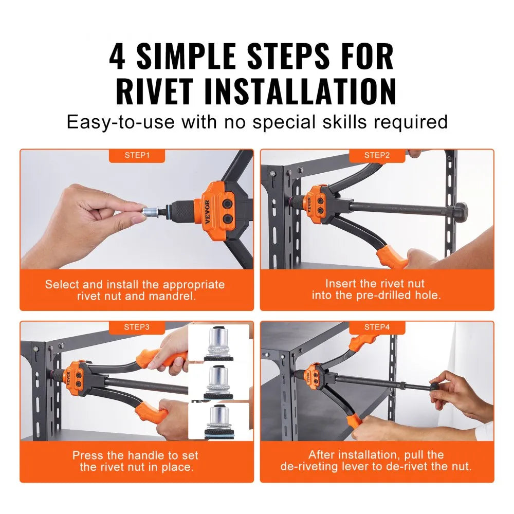 VEVOR Rivet Nut Tool, 14” Rivnut Tool Kit with 7 PCS Metric and SAE Mandrels, 70 PCS Assorted Rivet Nuts, 10-24, 1/4-20, M6, 5/16-18, M8, 3/8-16, M10, Rivet Nut Kit With Rugged Carrying Case