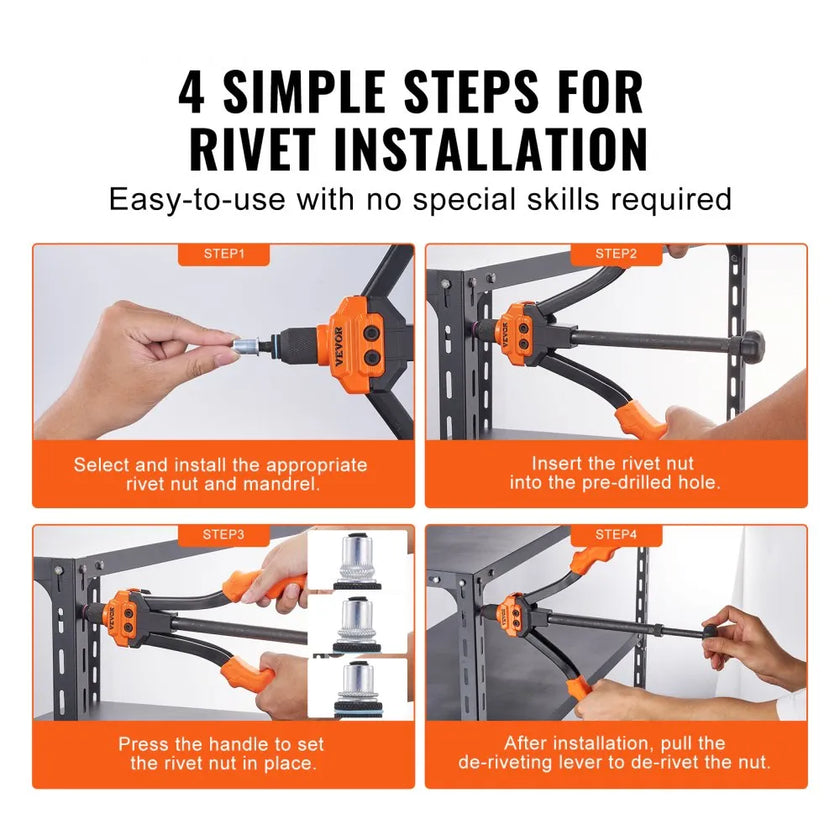 VEVOR Rivet Nut Tool, 14” Rivnut Tool Kit with 7 PCS Metric and SAE Mandrels, 70 PCS Assorted Rivet Nuts, 10-24, 1/4-20, M6, 5/16-18, M8, 3/8-16, M10, Rivet Nut Kit With Rugged Carrying Case
