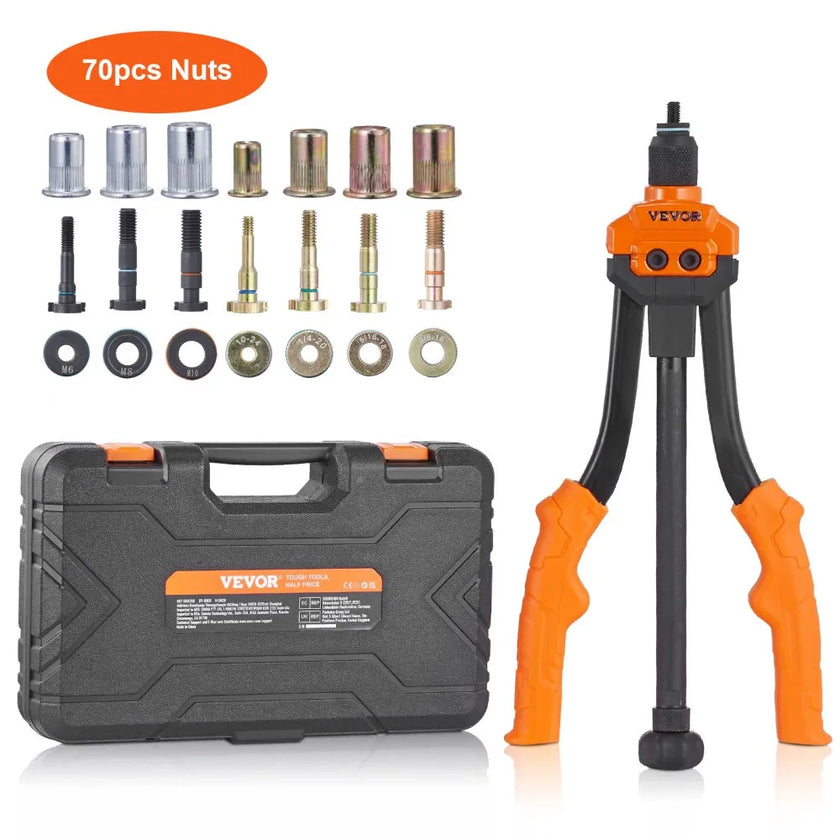 VEVOR Rivet Nut Tool, 14” Rivnut Tool Kit with 7 PCS Metric and SAE Mandrels, 70 PCS Assorted Rivet Nuts, 10-24, 1/4-20, M6, 5/16-18, M8, 3/8-16, M10, Rivet Nut Kit With Rugged Carrying Case