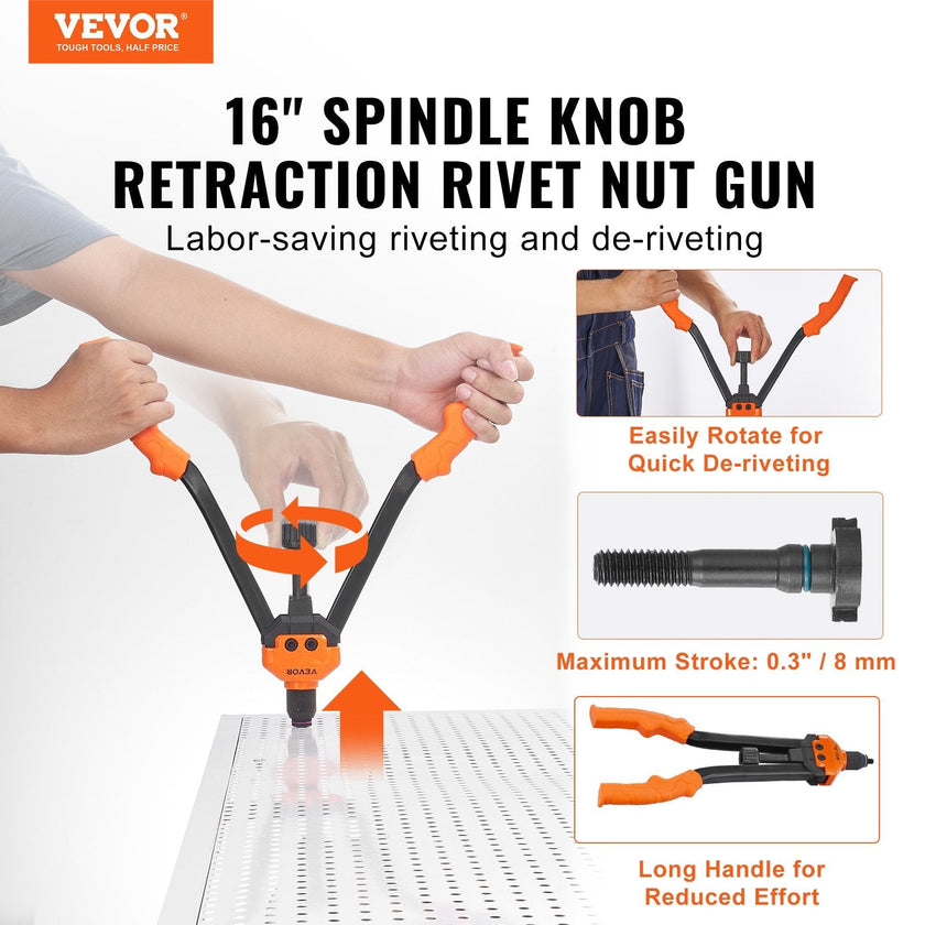 VEVOR Rivet Nut Tool, 16” Rivnut Tool Kit with 13PCS Metric and SAE Mandrels, 186PCS Rivet Nuts, M3, M4, 10-24, M5, M6, 1/4-20, 8-32, 5/16-18, M8, 3/8-16, M10, M12, 1/2-13, With Carrying Case