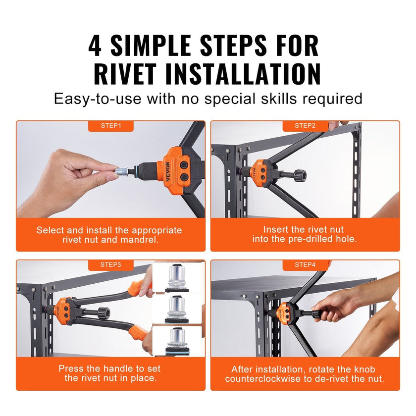 VEVOR Rivet Nut Tool, 16” Rivnut Tool Kit with 13PCS Metric and SAE Mandrels, 186PCS Rivet Nuts, M3, M4, 10-24, M5, M6, 1/4-20, 8-32, 5/16-18, M8, 3/8-16, M10, M12, 1/2-13, With Carrying Case