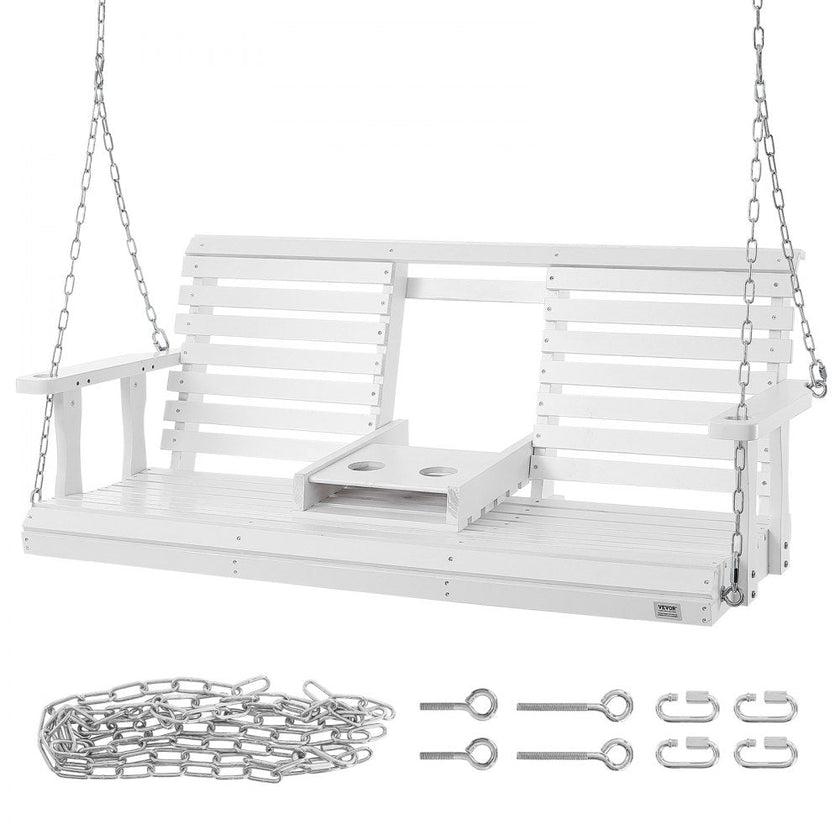 VEVOR Wooden Porch Swing 5 ft, Patio bench swing for Courtyard & Garden, Upgraded 880 lbs Strong Load Capacity, Heavy Duty Swing Chair Bench with Hanging Chains for Outdoors, White