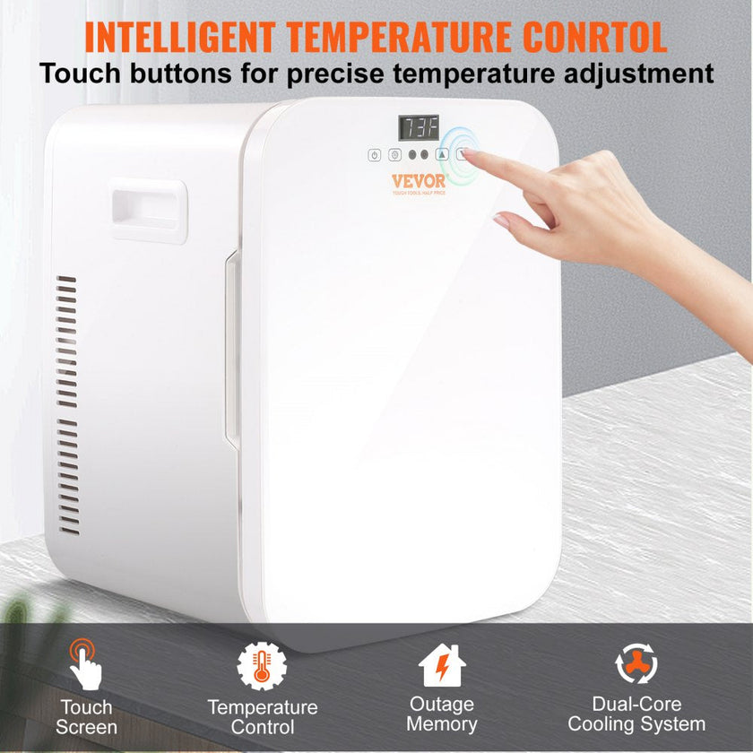 VEVOR Mini Fridge, 20L Skincare Fridges with Temper Control Touch Screen, Portable Small Beverage Refrigerator for Bedroom Office Car Dorm, AC/DC Cool Warmer for Cosmetic Drink Milk, White
