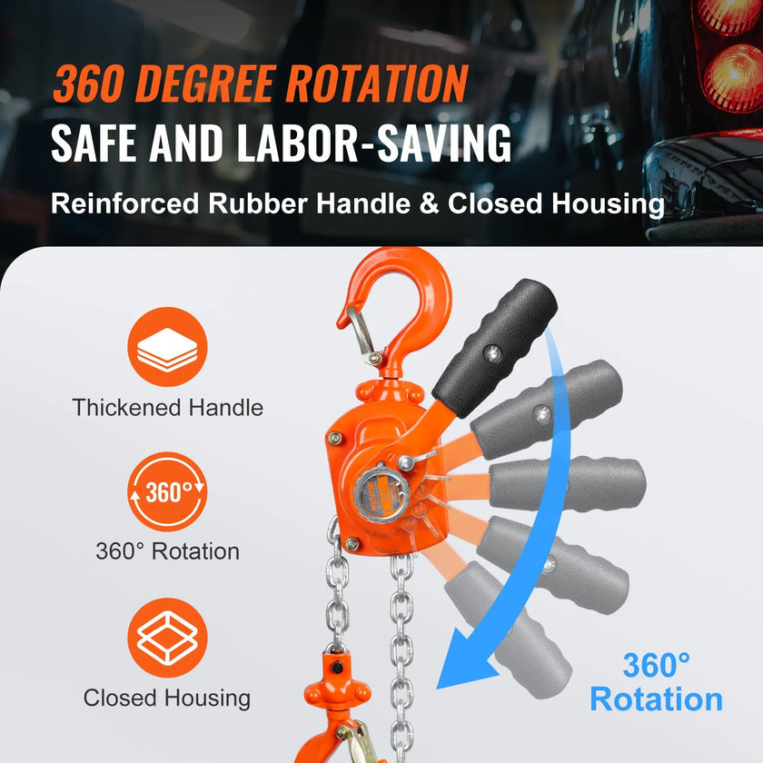VEVOR Manual Lever Chain Hoist, 1/2 Ton 1100 lbs Capacity 5 FT Come Along, G80 Galvanized Carbon Steel with Weston Double-Pawl Brake, Auto Chain Leading & 360° Rotation Hook, for Garage Factory Dock