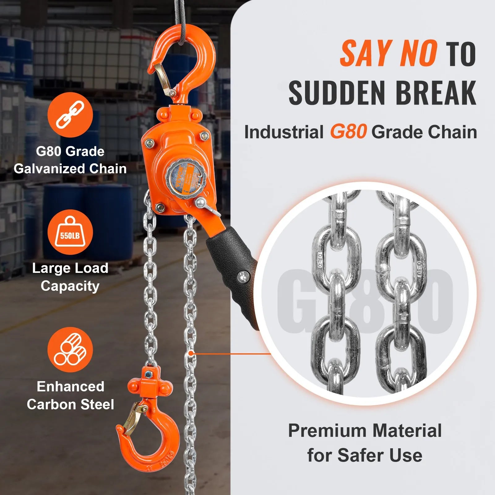 VEVOR Manual Lever Chain Hoist, 1/4 Ton 550 lbs Capacity 5 FT Come Along, G80 Galvanized Carbon Steel with Weston Double-Pawl Brake, Auto Chain Leading & 360° Rotation Hook, for Garage Factory Dock