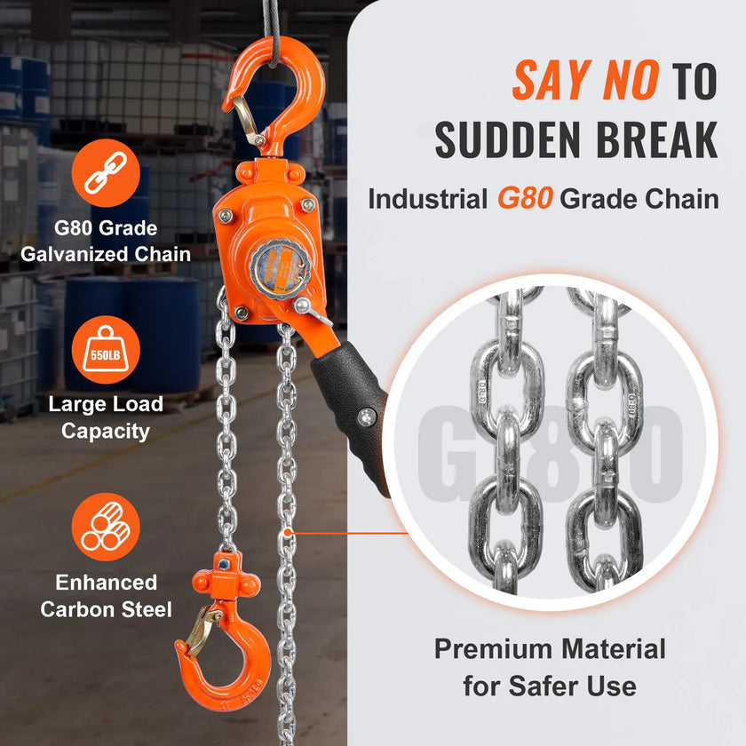 VEVOR Manual Lever Chain Hoist, 1/4 Ton 550 lbs Capacity 5 FT Come Along, G80 Galvanized Carbon Steel with Weston Double-Pawl Brake, Auto Chain Leading & 360° Rotation Hook, for Garage Factory Dock
