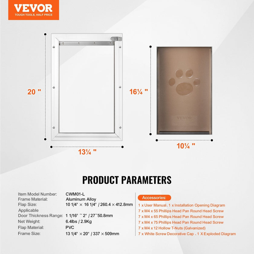 VEVOR Pet Door for Door with Lock and Magnetic Flap System Aluminum Frame Large