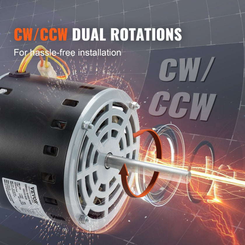 VEVOR 1/2HP Furnace Blower Motor, 208/230V 2.7Amps, 1075RPM 5 Speeds, CW/CCW Rotation, 48 Frame 3.4