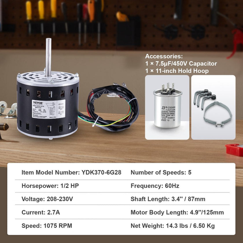 VEVOR 1/2HP Furnace Blower Motor, 208/230V 2.7Amps, 1075RPM 5 Speeds, CW/CCW Rotation, 48 Frame 3.4