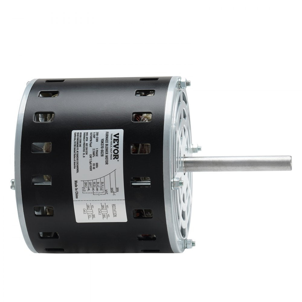 VEVOR 1/2HP Furnace Blower Motor, 208/230V 2.7Amps, 1075RPM 5 Speeds, CW/CCW Rotation, 48 Frame 3.4