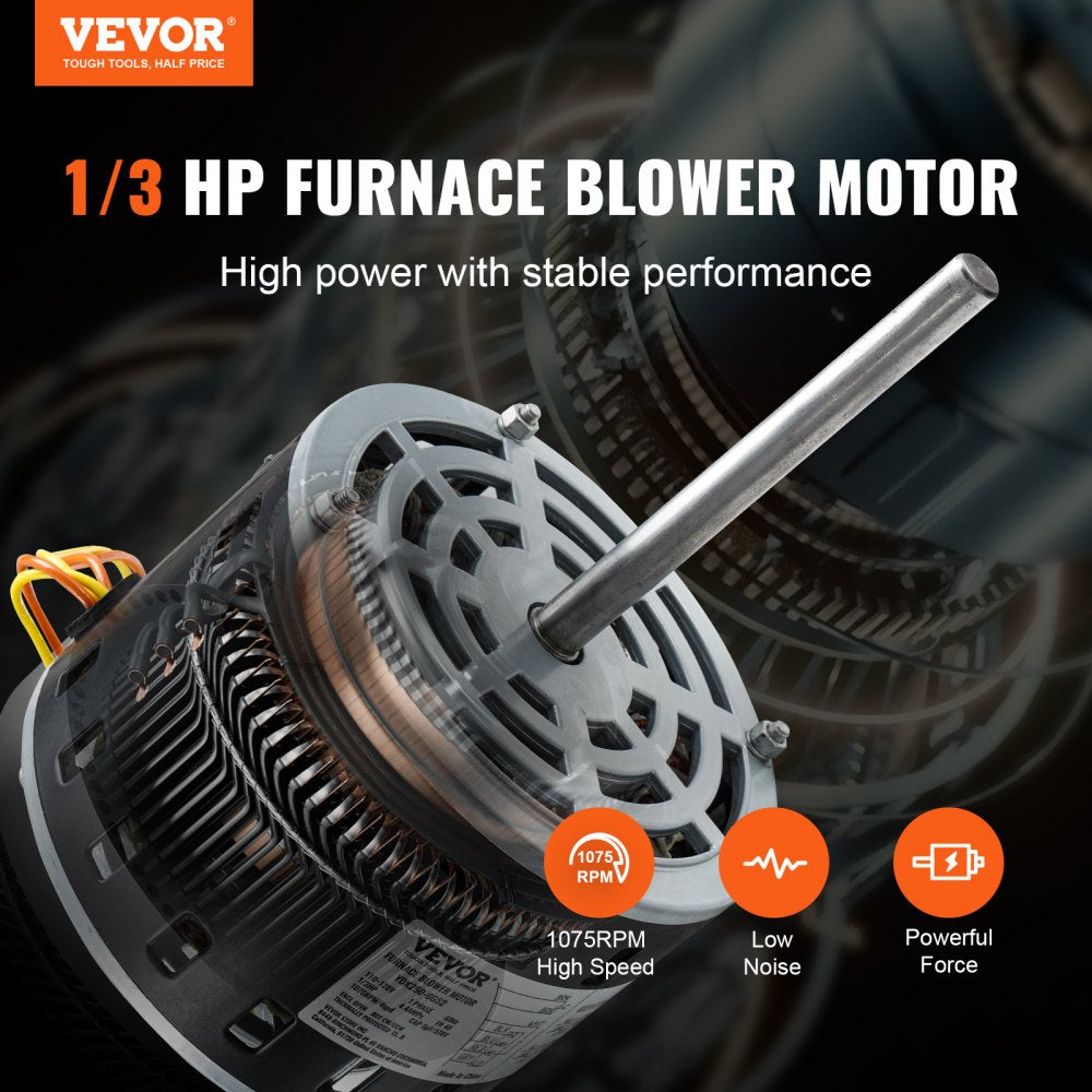 VEVOR 1/3HP Furnace Blower Motor, 110/120V 4.4Amps, 1075RPM 4 Speeds, CW/CCW Rotation, 48 Frame 5.2