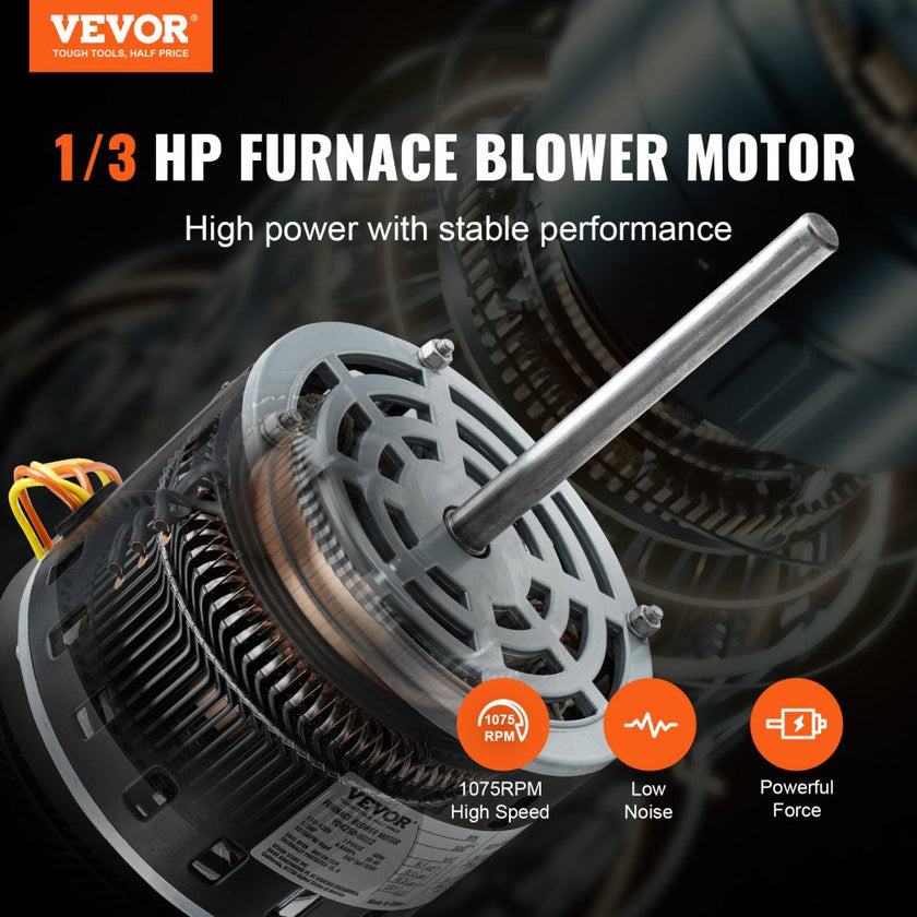 VEVOR 1/3HP Furnace Blower Motor, 110/120V 4.4Amps, 1075RPM 4 Speeds, CW/CCW Rotation, 48 Frame 5.2