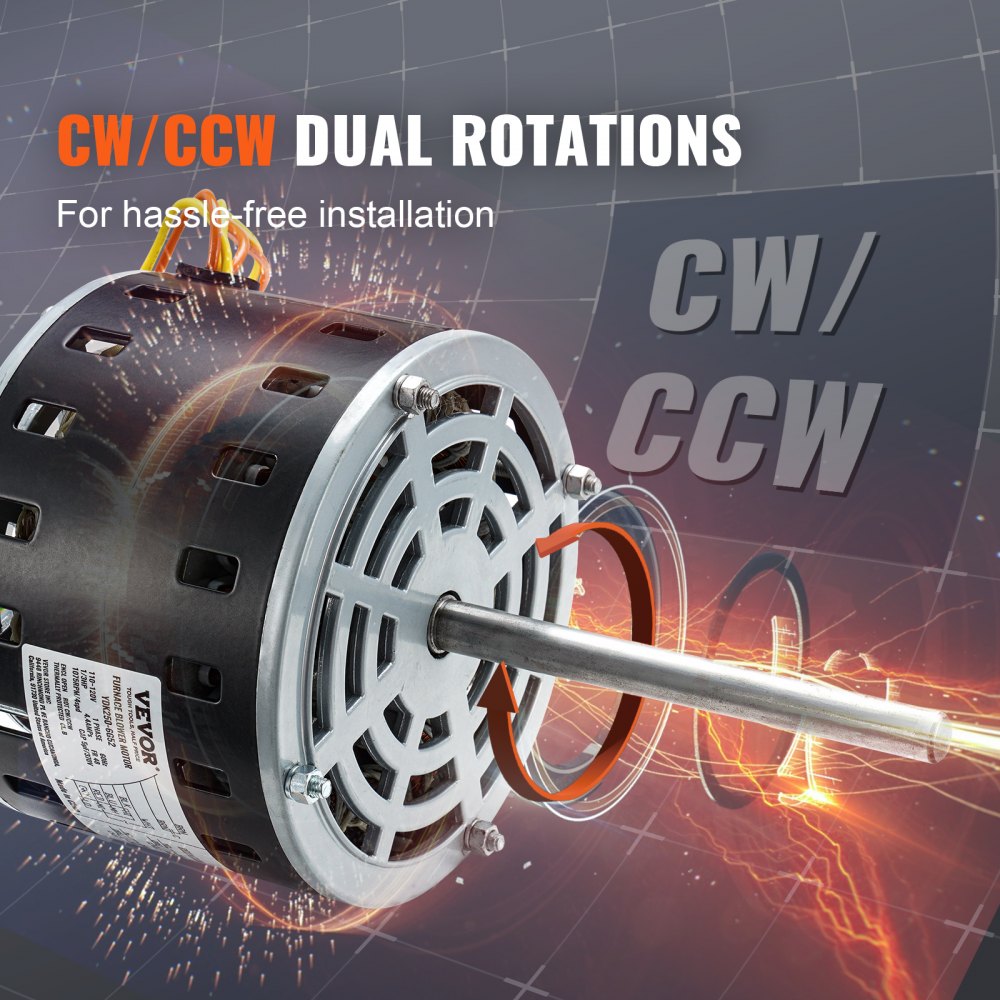 VEVOR 1/3HP Furnace Blower Motor, 110/120V 4.4Amps, 1075RPM 4 Speeds, CW/CCW Rotation, 48 Frame 5.2