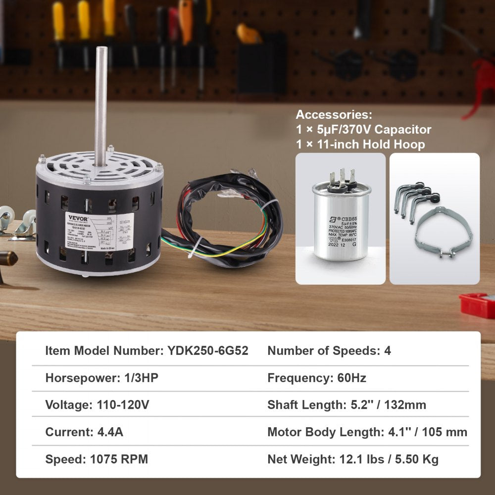 VEVOR 1/3HP Furnace Blower Motor, 110/120V 4.4Amps, 1075RPM 4 Speeds, CW/CCW Rotation, 48 Frame 5.2