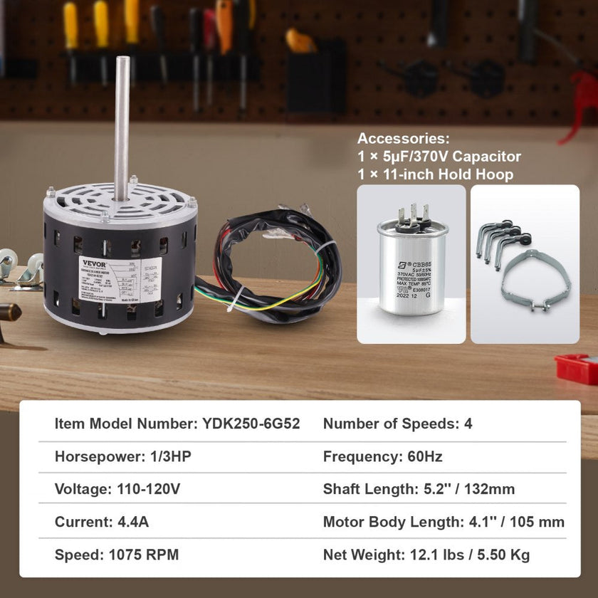 VEVOR 1/3HP Furnace Blower Motor, 110/120V 4.4Amps, 1075RPM 4 Speeds, CW/CCW Rotation, 48 Frame 5.2