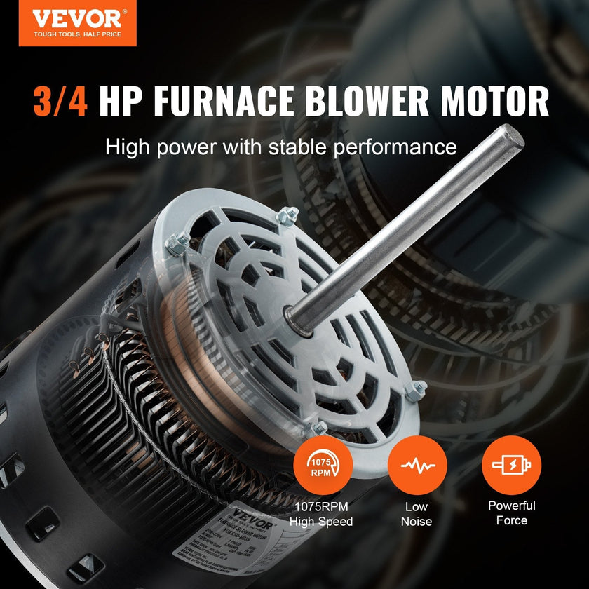 VEVOR 3/4HP Furnace Blower Motor, 208/230V 3.85Amps, 1075RPM 5 Speeds, CW/CCW Rotation, 48 Frame 4.8