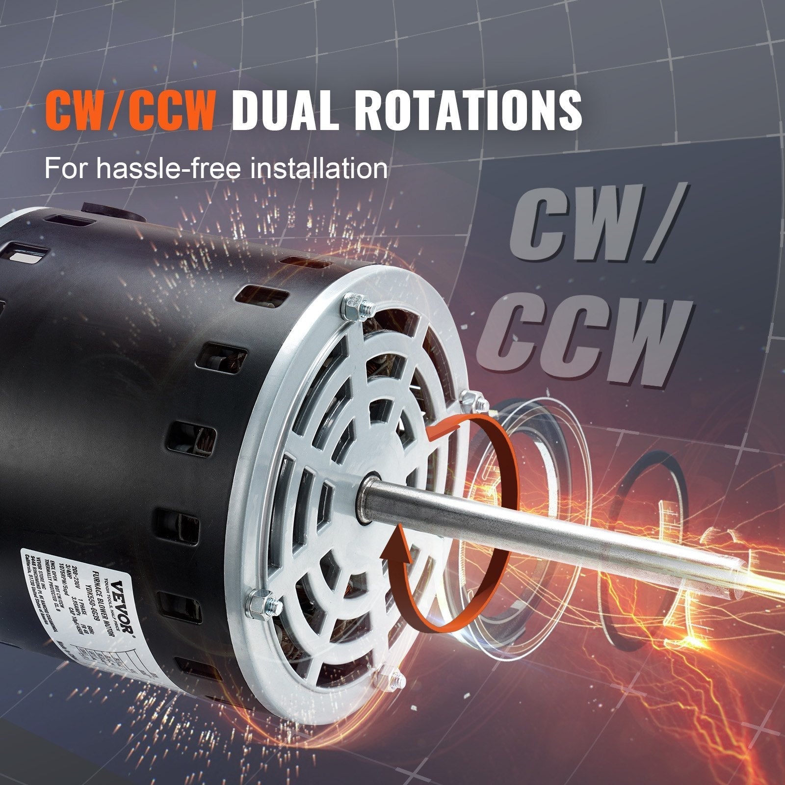 VEVOR 3/4HP Furnace Blower Motor, 208/230V 3.85Amps, 1075RPM 5 Speeds, CW/CCW Rotation, 48 Frame 4.8