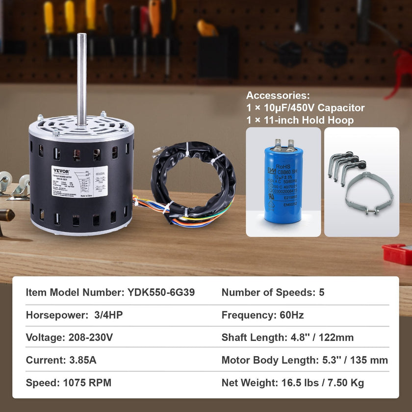 VEVOR 3/4HP Furnace Blower Motor, 208/230V 3.85Amps, 1075RPM 5 Speeds, CW/CCW Rotation, 48 Frame 4.8